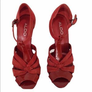 Aldo Red Suede Chunky Heel Platform Strappy Ankle Closure Sandal Size 37
